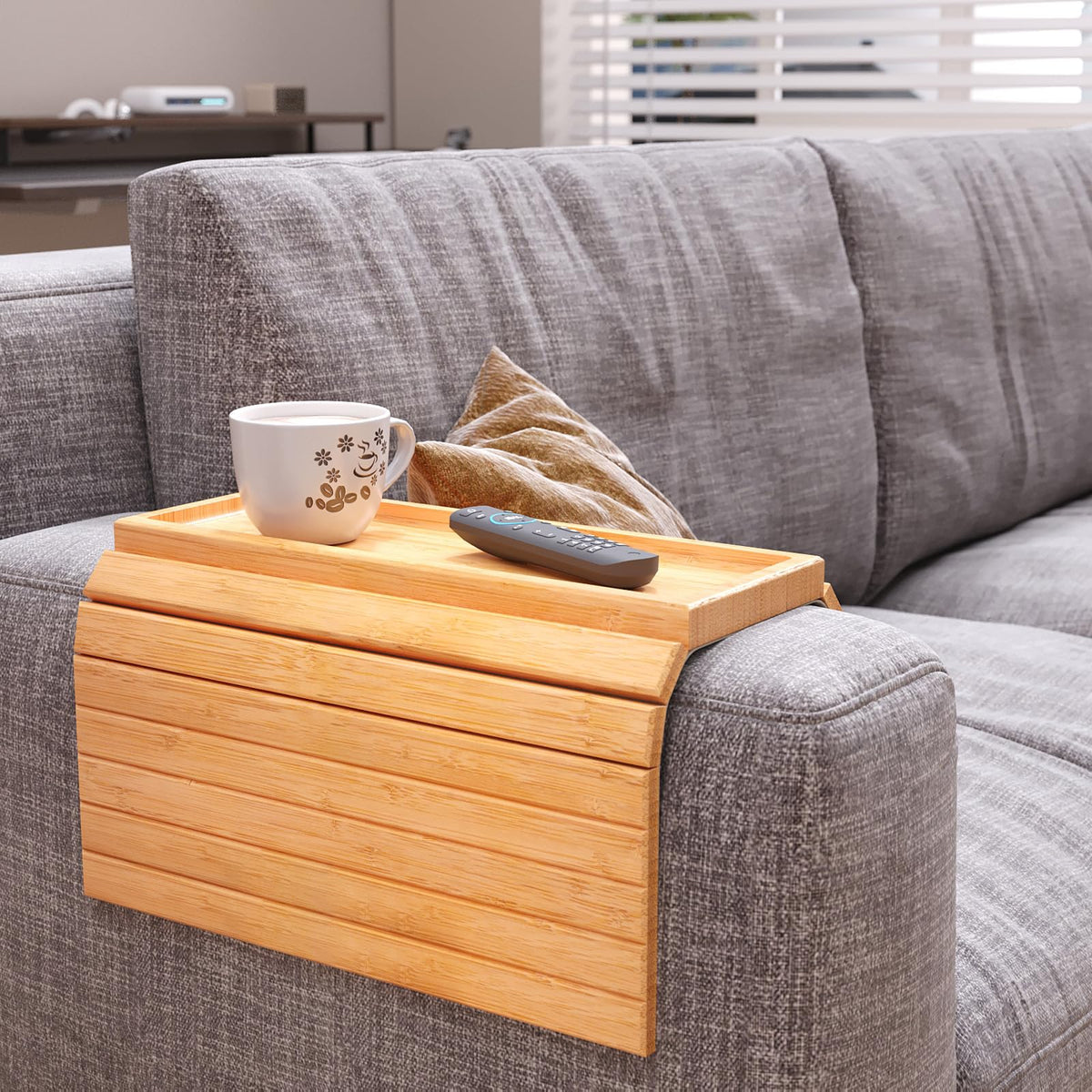 Danfoxer sofa arm tray folded for compact storage in a living space