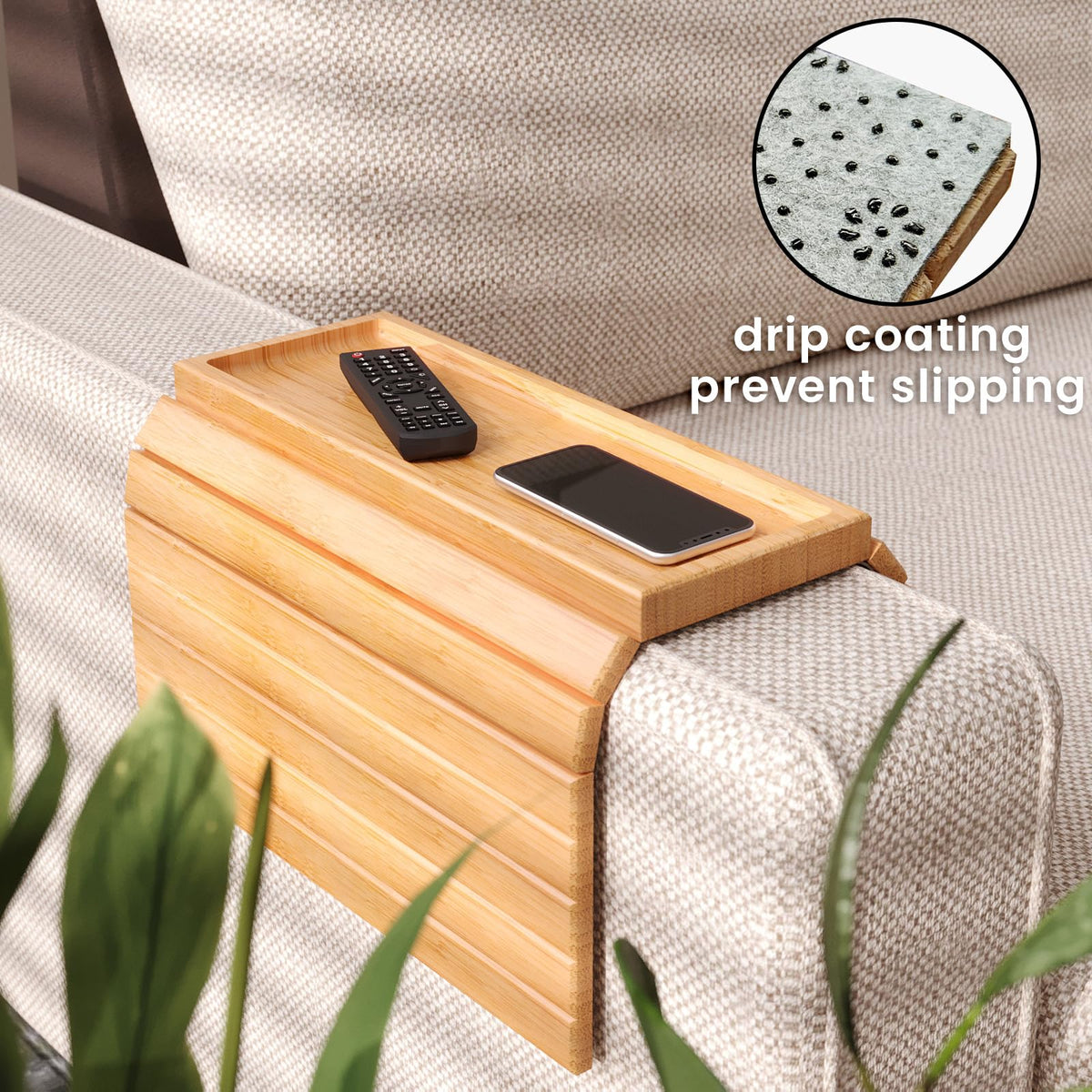 Danfoxer sofa arm tray roll-up side flaps conform to curved sofa arms