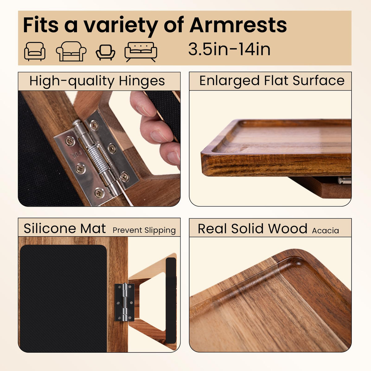 Danfoxer armrest tray with durable hinge and natural wood grain finish