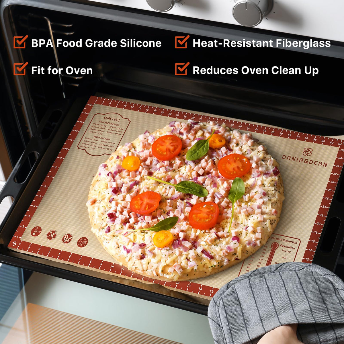 Dania & Dean 26x16 mat is oven safe and heat resistant.