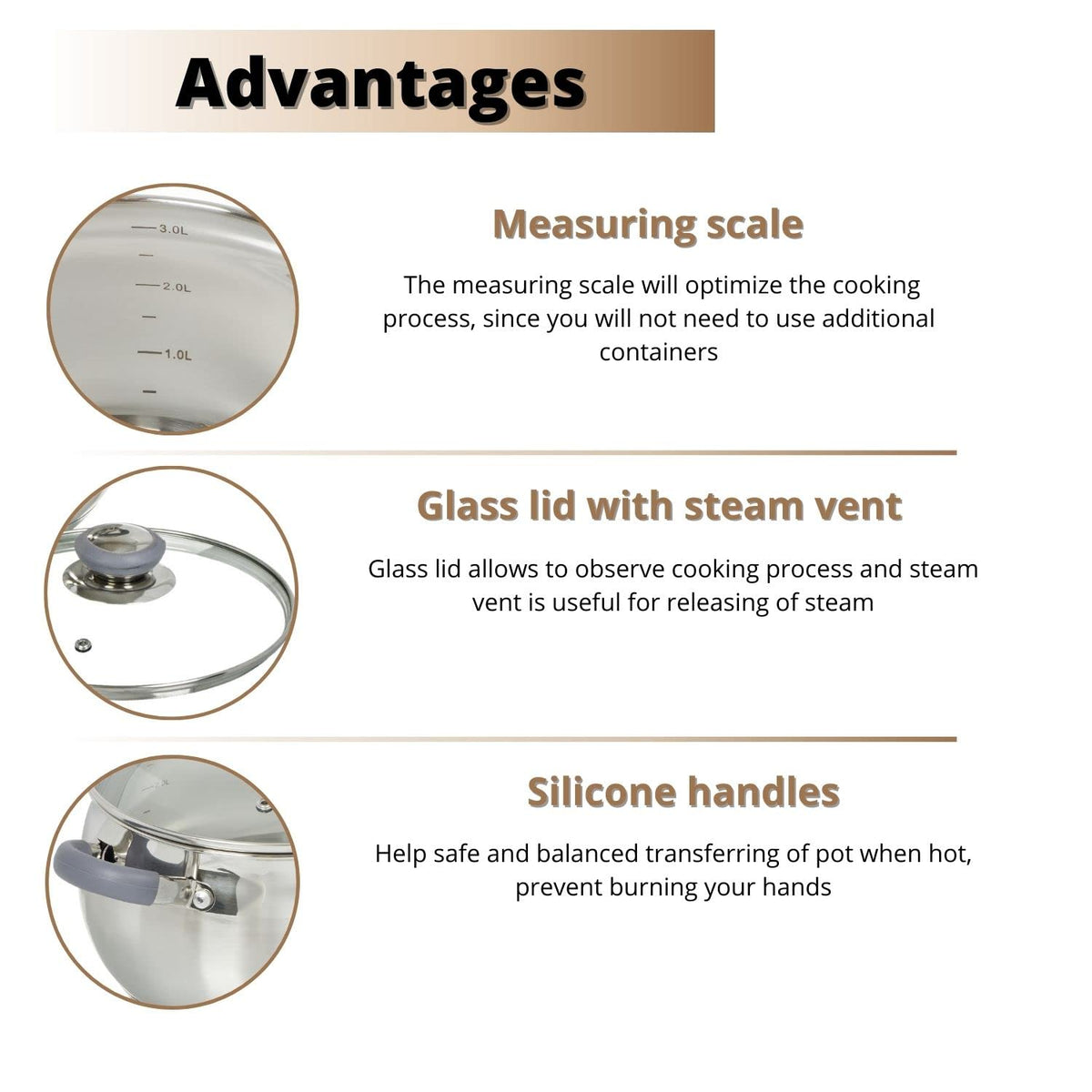 Daniks pot's built-in measuring scale aids precise liquid measurements.