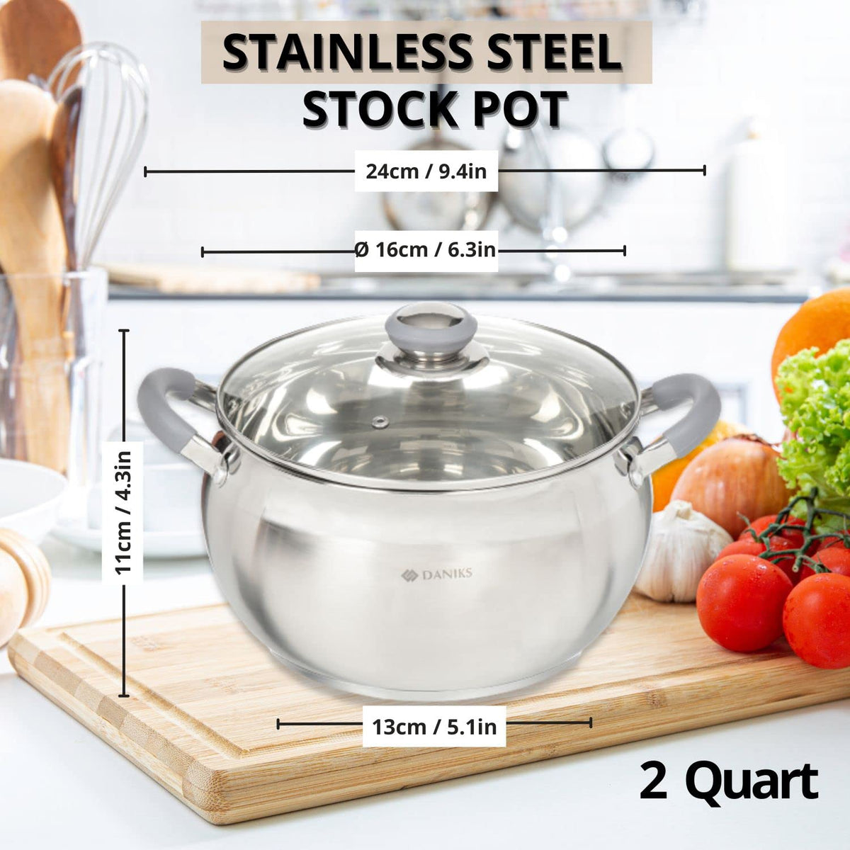 Daniks stock pot with tri-ply bottom delivers even heat distribution.