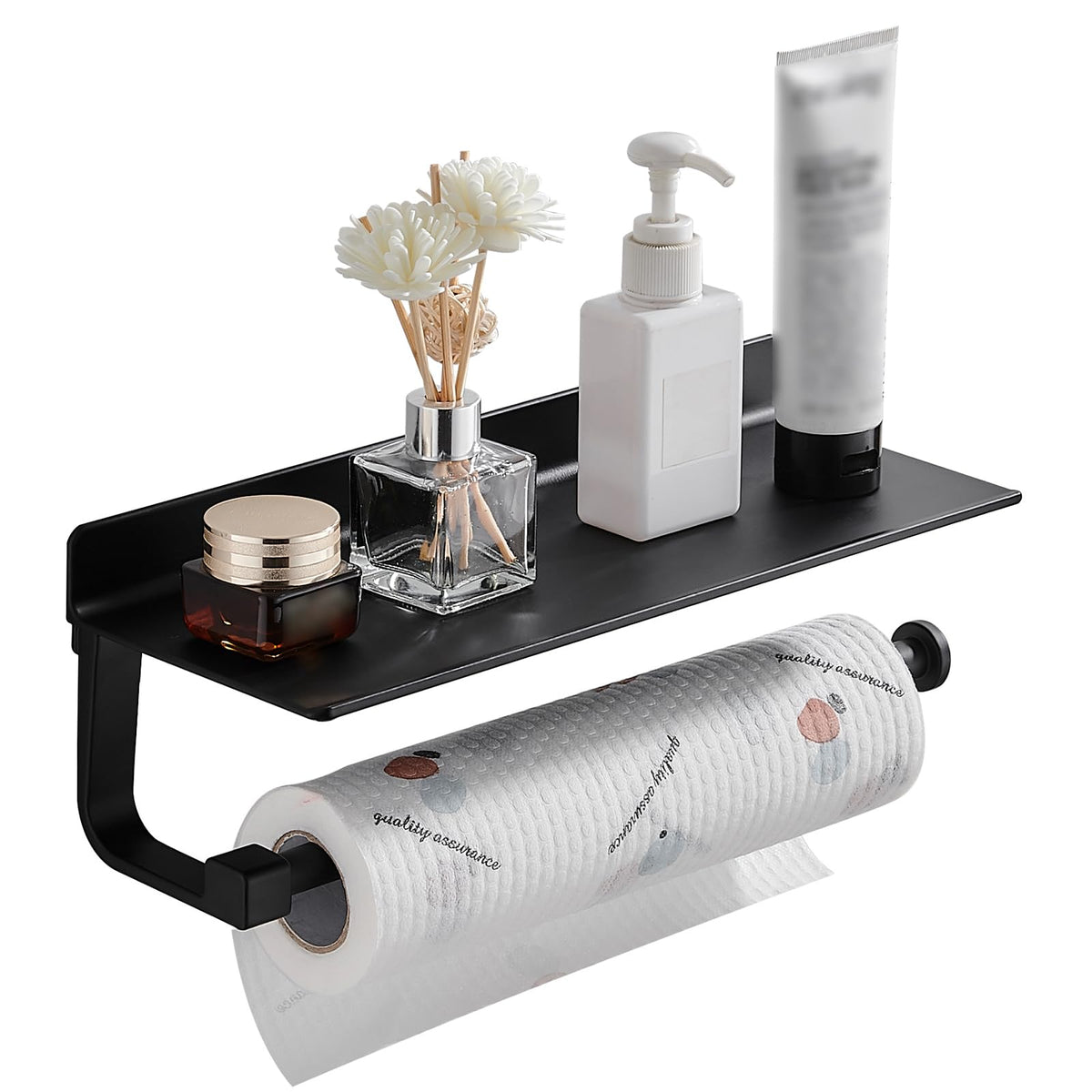 Danpoo wall-mount paper towel holder with shelf for easy kitchen organization.