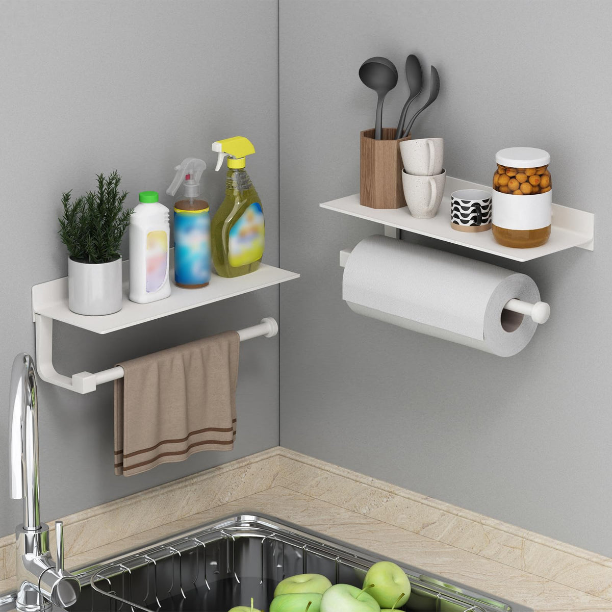 Wall-mounted kitchen setup demonstrates easy towel access during cooking tasks.