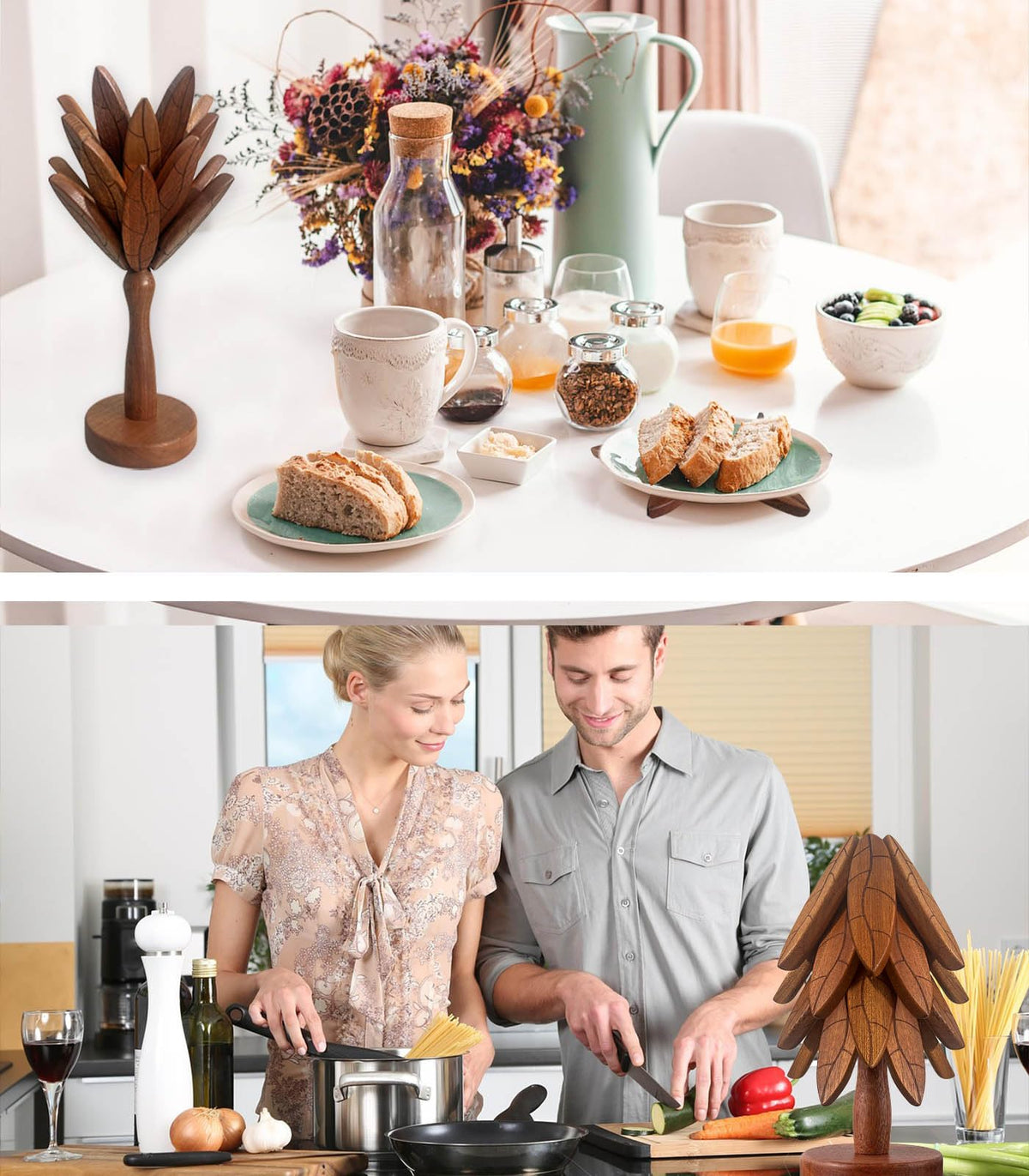 DAOLEMIJI gift-ready wooden trivet set adds festive kitchen decor.