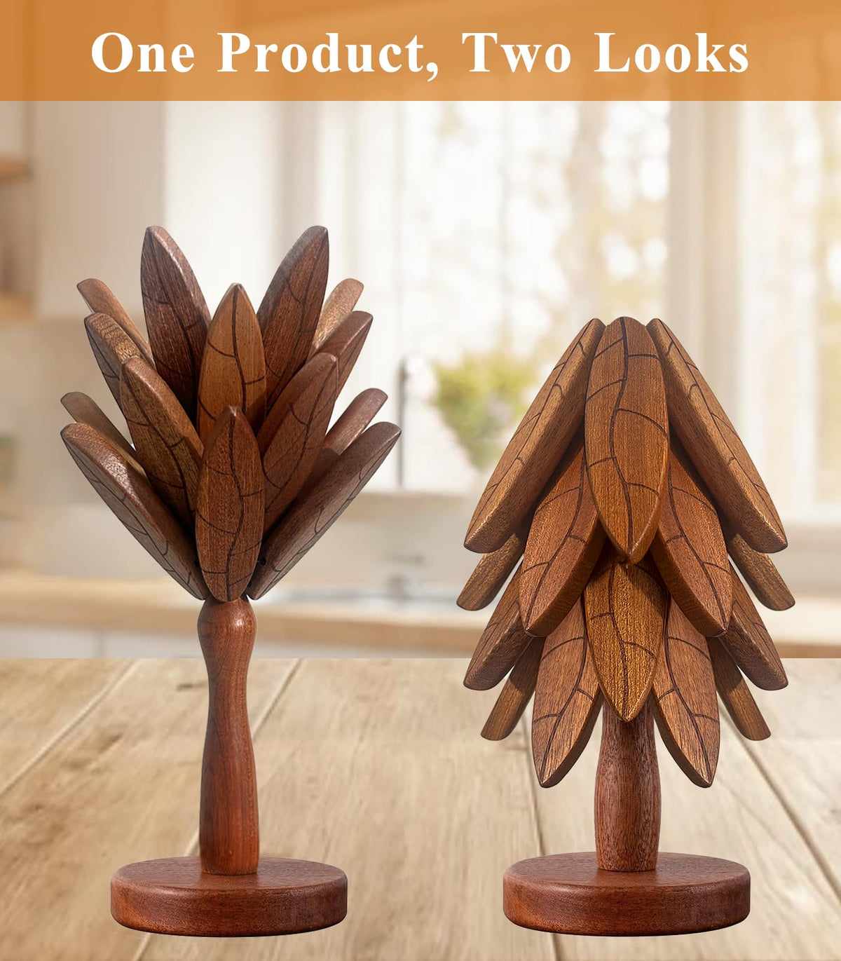 DAOLEMIJI wooden trivets on stand showcase organized storage and quick setup.