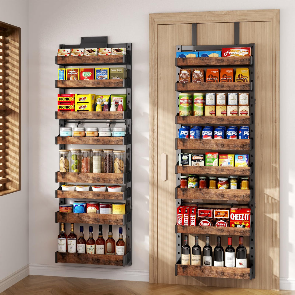 DAOTENGQL 8-tier over-the-door pantry organizer front view shows tall bottles neatly organized