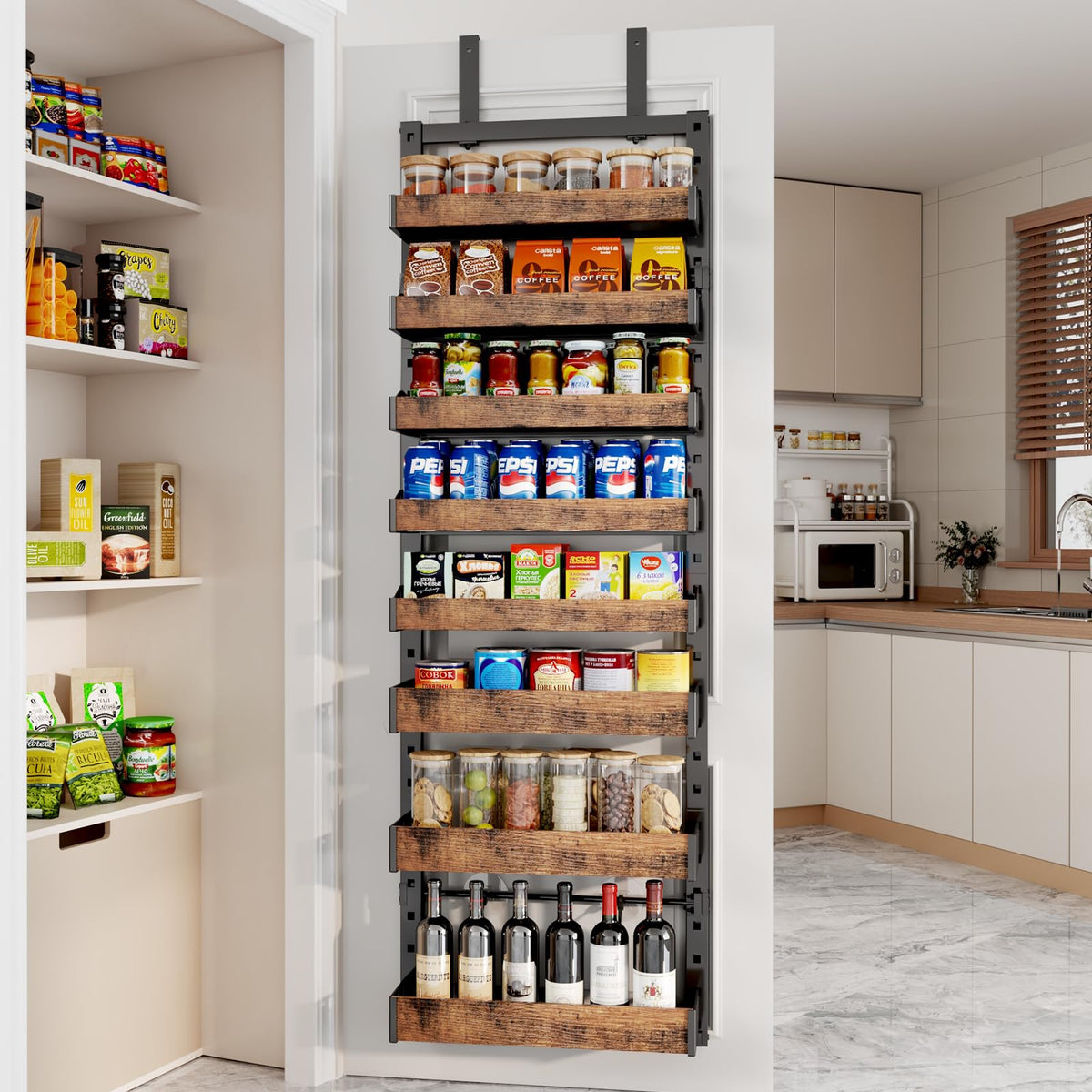 DAOTENGQL 8-tier pantry organizer mounted in a kitchen for efficient storage