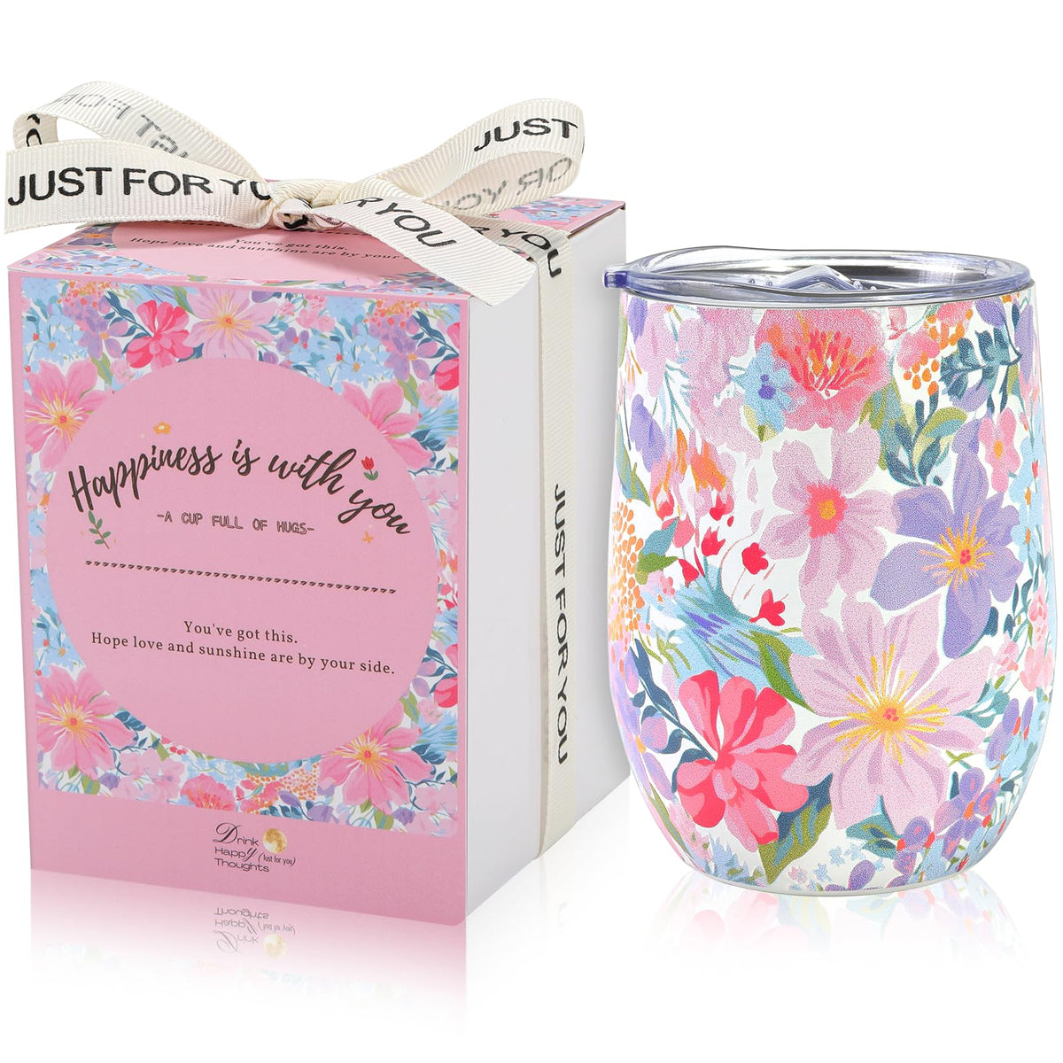 Darleneworld 12oz insulated wine tumbler with lid featuring pink purple flowers, ideal for gifting.