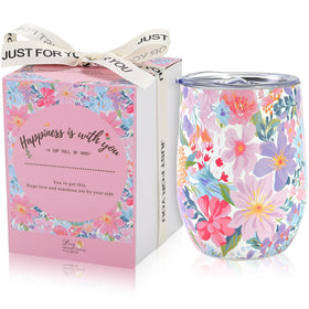 Darleneworld 12oz insulated wine tumbler with lid featuring pink purple flowers, ideal for gifting.