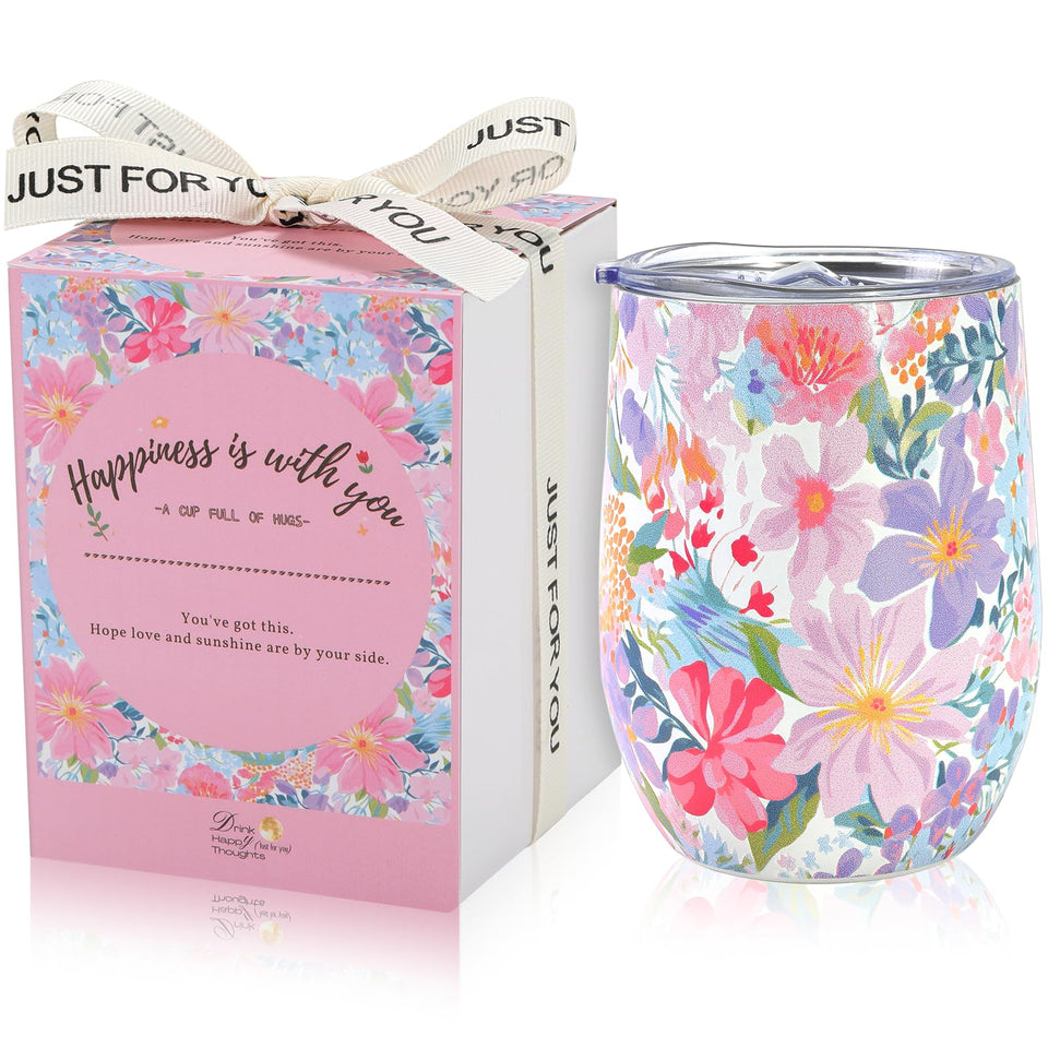Darleneworld 12oz insulated wine tumbler with lid featuring pink purple flowers, ideal for gifting.