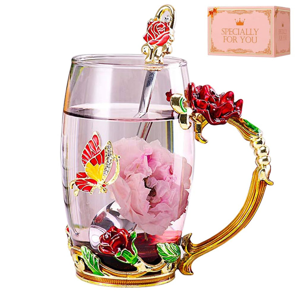 DasyFly enamel butterfly-tea-cup in rose red, ideal for tea lovers.