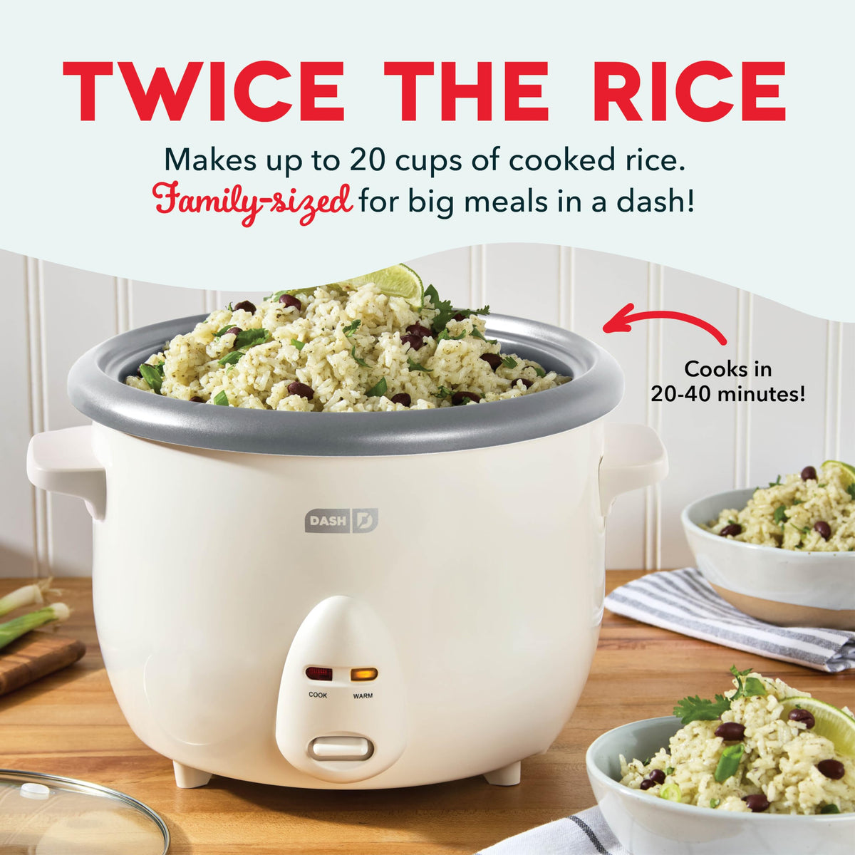 DASH 20-cup capacity rice cooker highlights ample output for batch cooking.