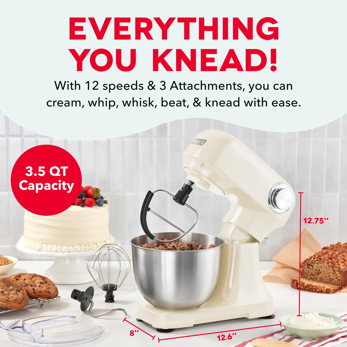 Dash 3.5QT tilt-head mixer bowl and attachments showcase versatile baking setup for home kitchens.