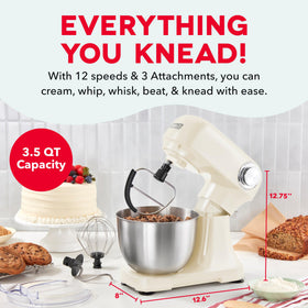 Dash 3.5QT tilt-head mixer bowl and attachments showcase versatile baking setup for home kitchens.