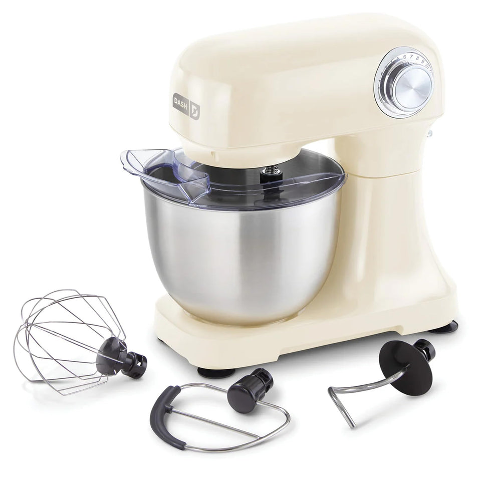 Dash 3.5QT tilt-head stand mixer cream front view enables easy ingredient access during baking.