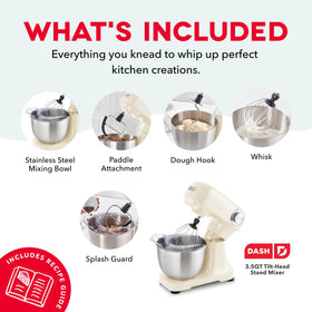 Dash 3.5QT tilt-head mixer dough hook attachment aids kneading dough.