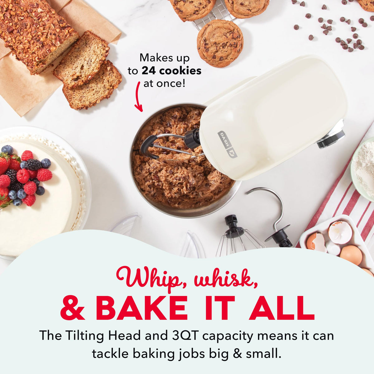 Dash 3.5QT tilt-head mixer splash guard helps protect counters during mixing.