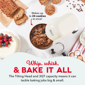 Dash 3.5QT tilt-head mixer splash guard helps protect counters during mixing.