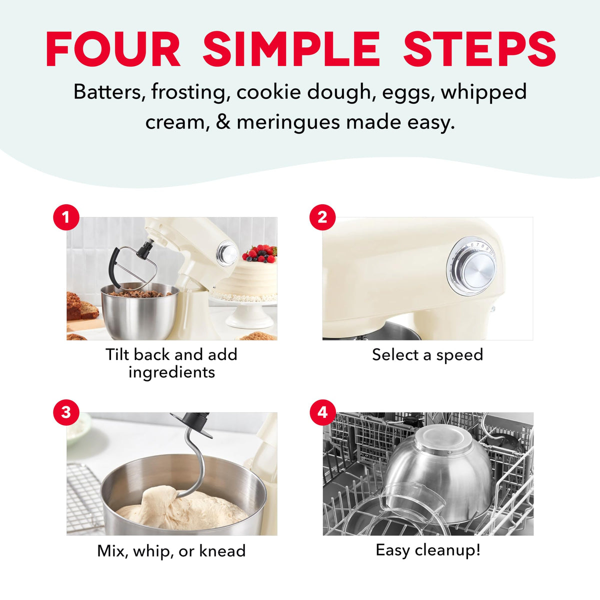Dash 3.5QT tilt-head mixer whisk attachment ideal for whipping eggs.
