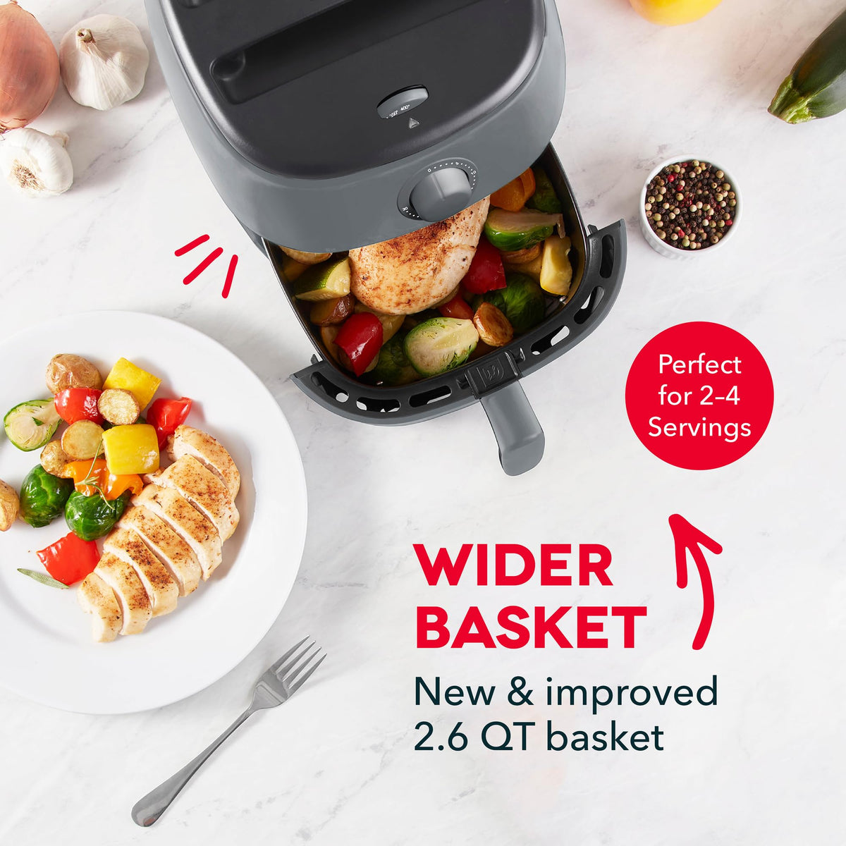 Dash adjustable temperature control for customizing your cooking results.