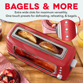 Dash Clear View Toaster 1-touch defrost for quick, even thawing of frozen slices.