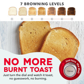 Dash Clear View Toaster bagel function toasts bagels evenly without scorching.
