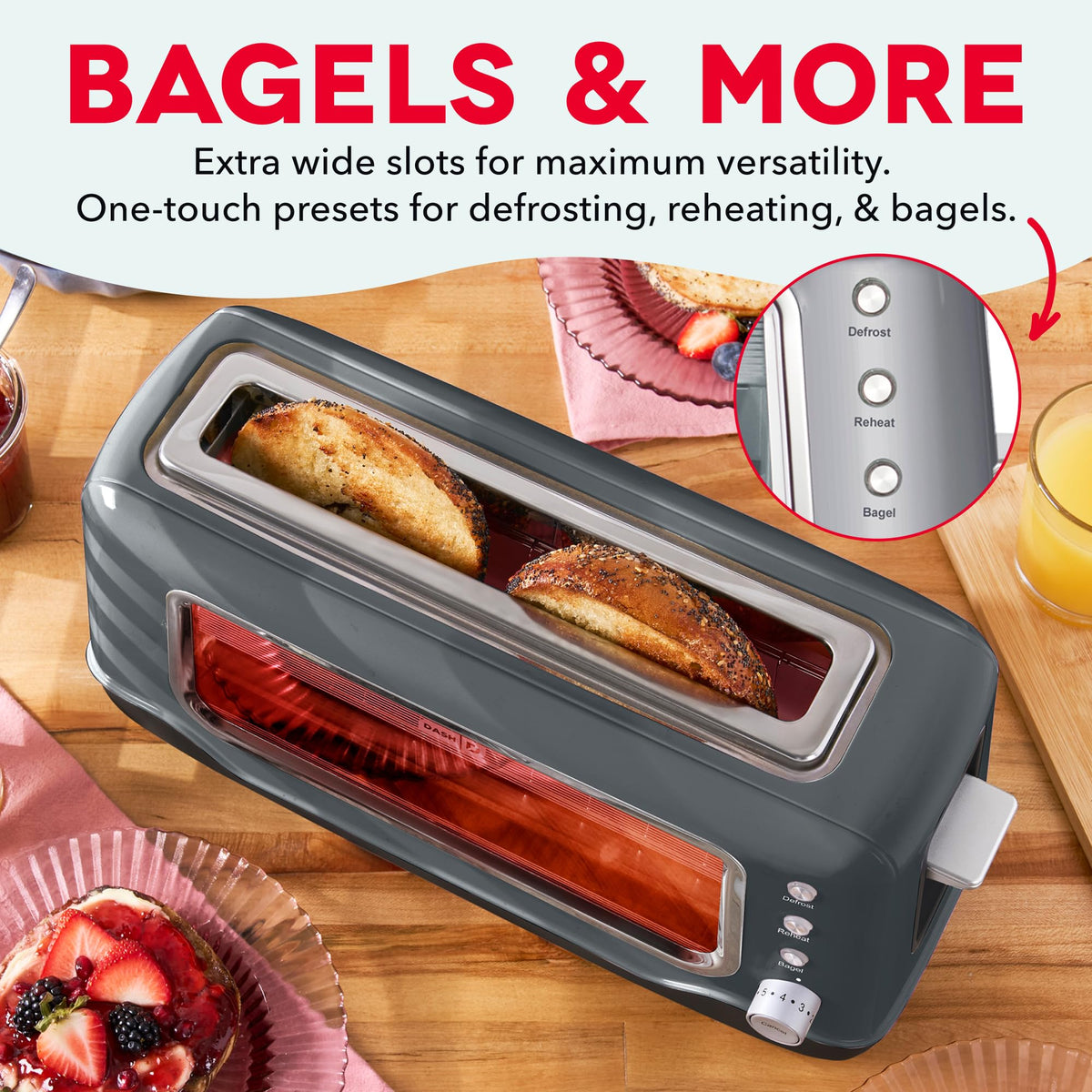 DASH Clear View Toaster slide-out crumbs tray eases cleanup after breakfast