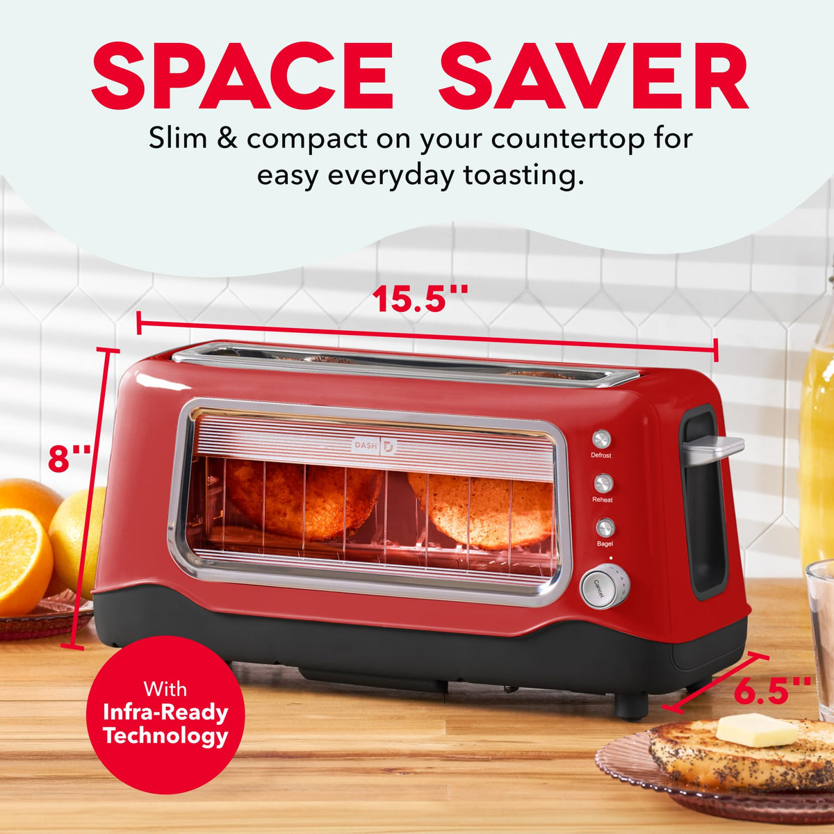 Dash Clear View Toaster features extra-wide slots for bagels and specialty breads.