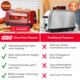 Dash Clear View Toaster slide-out crumbs tray for effortless cleanup after breakfast.