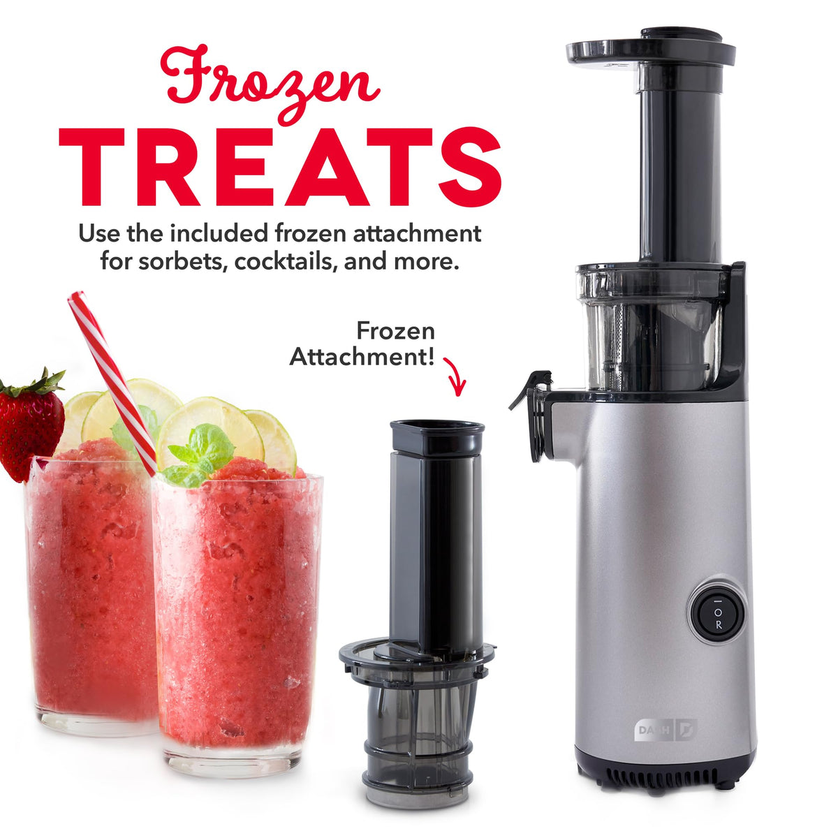 DASH Deluxe juicer frozen attachment ready to make sorbet at home.