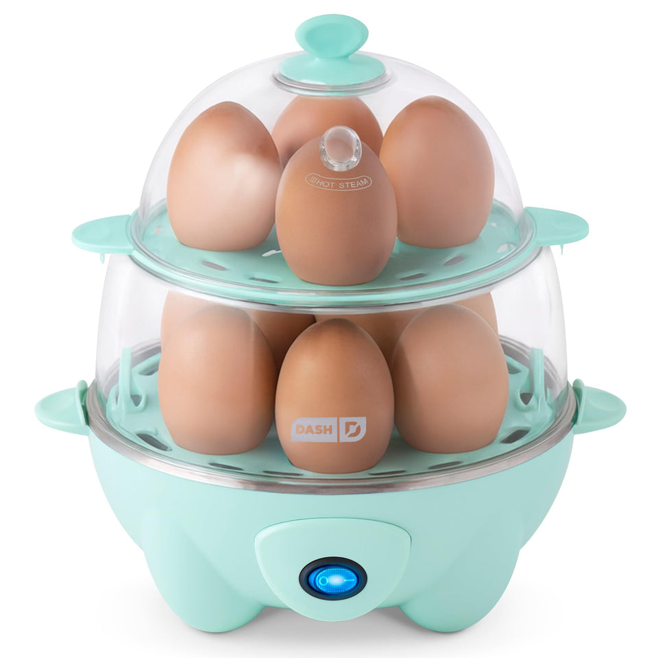 DASH Deluxe Egg Cooker displaying 12-egg capacity for quick breakfasts