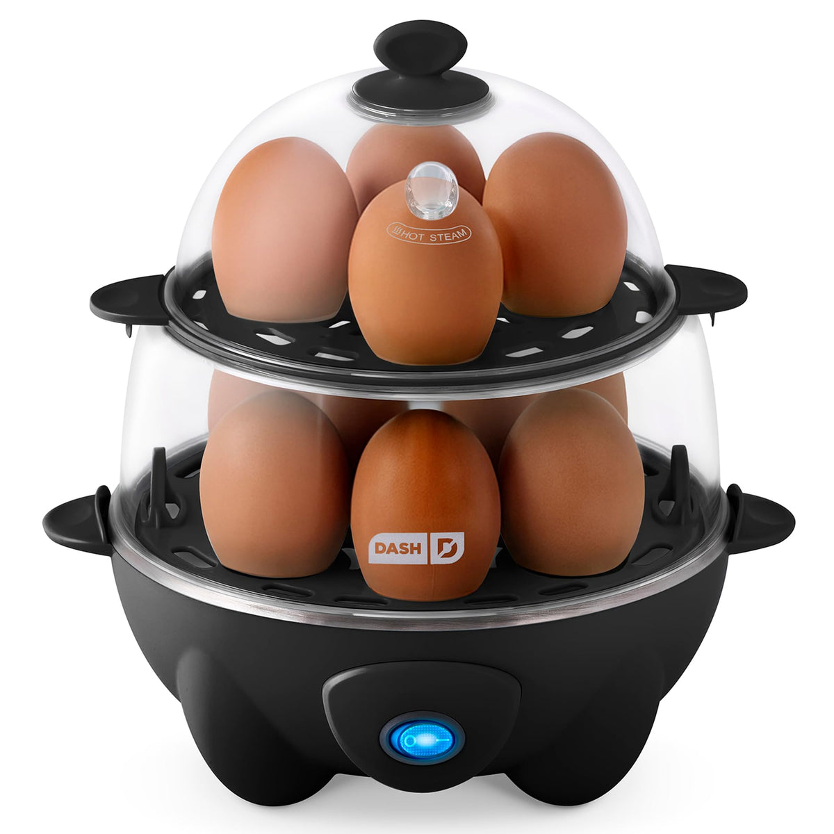 Dash Deluxe Egg Cooker on counter ready for quick 12-egg boils