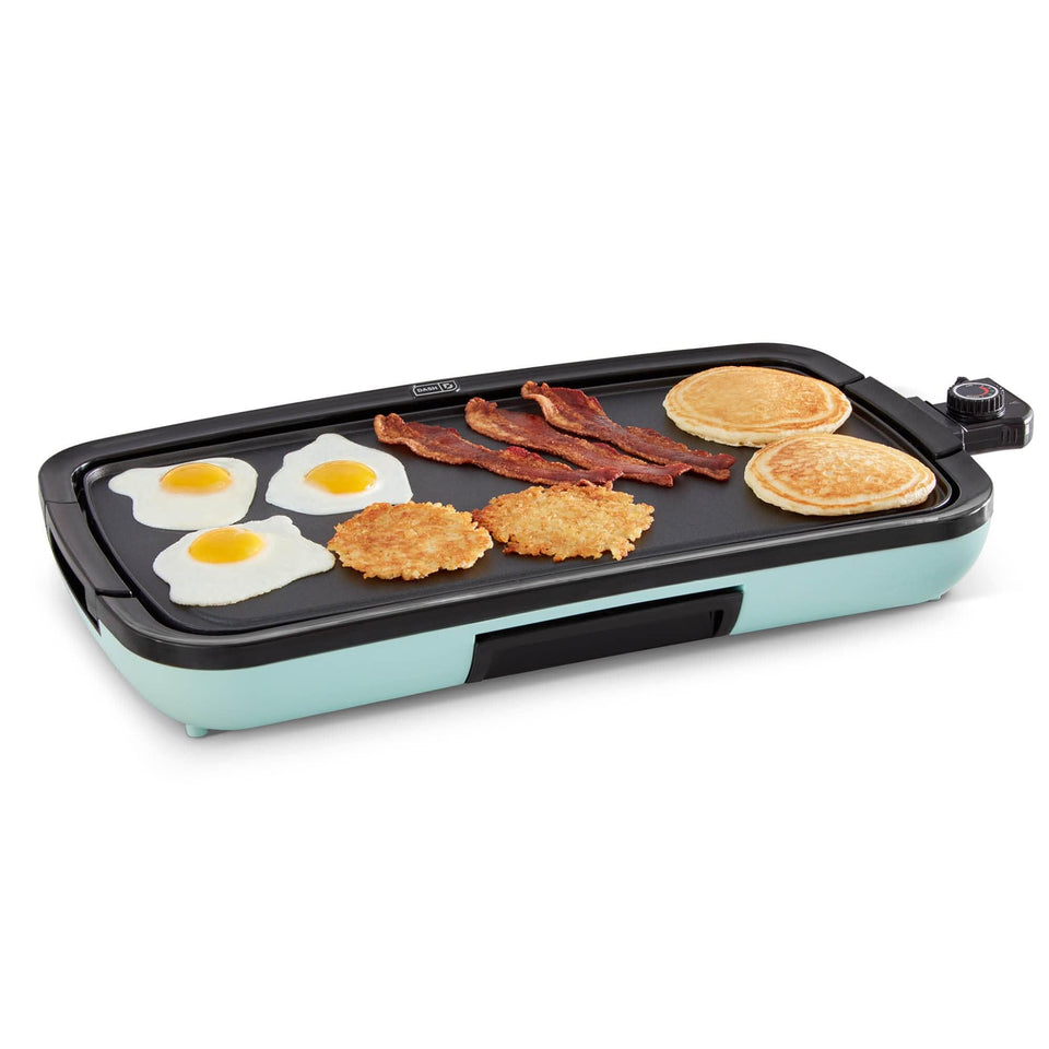 DASH Deluxe Everyday Griddle Aqua on counter, ready for family breakfast scenes