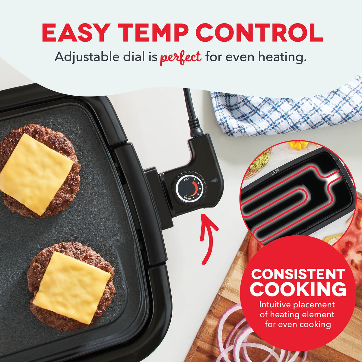 Dash Deluxe Everyday Griddle grease tray – catches drips, keeping counters cleaner.