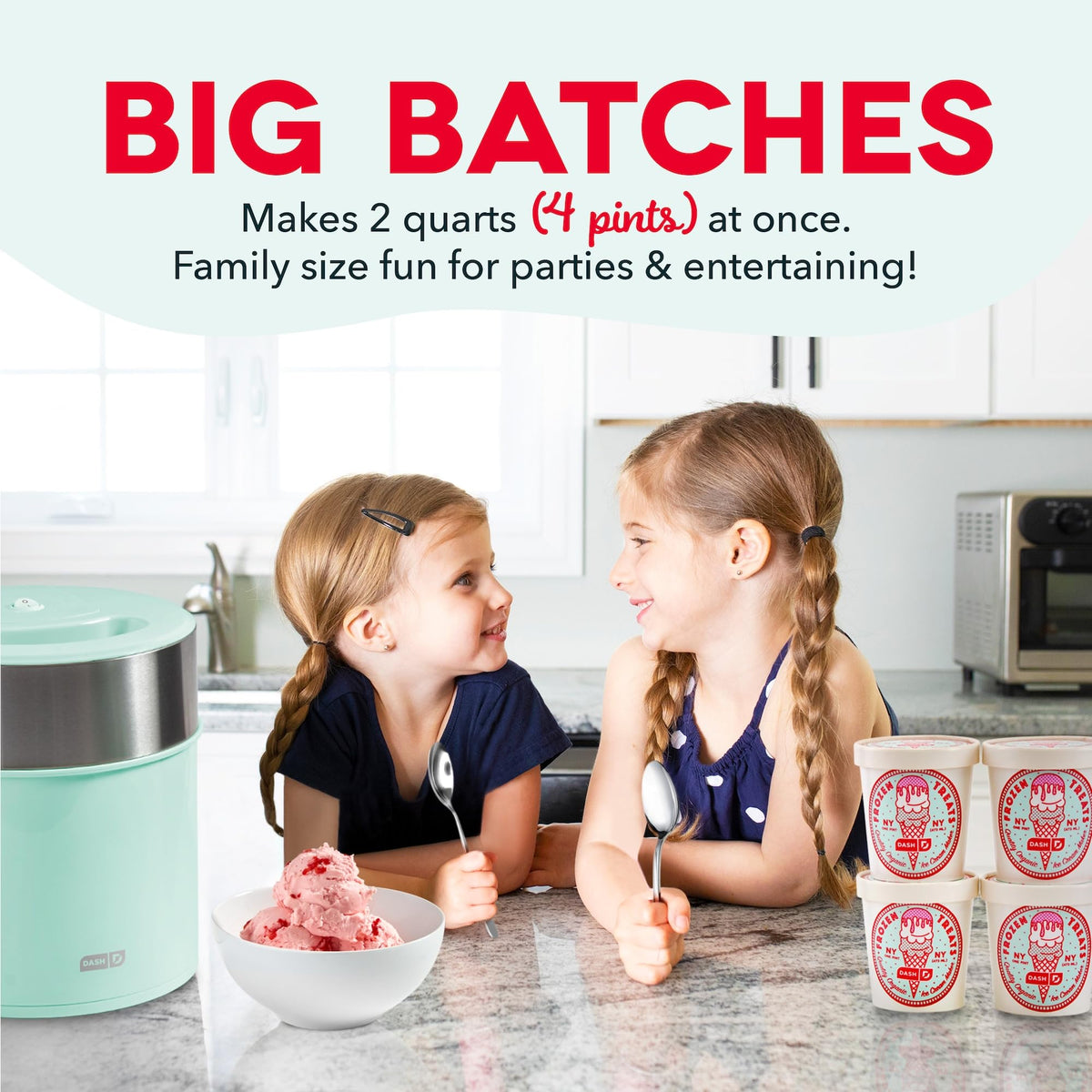 Dash Deluxe on a kitchen counter showcasing easy, one-touch churning for quick desserts.