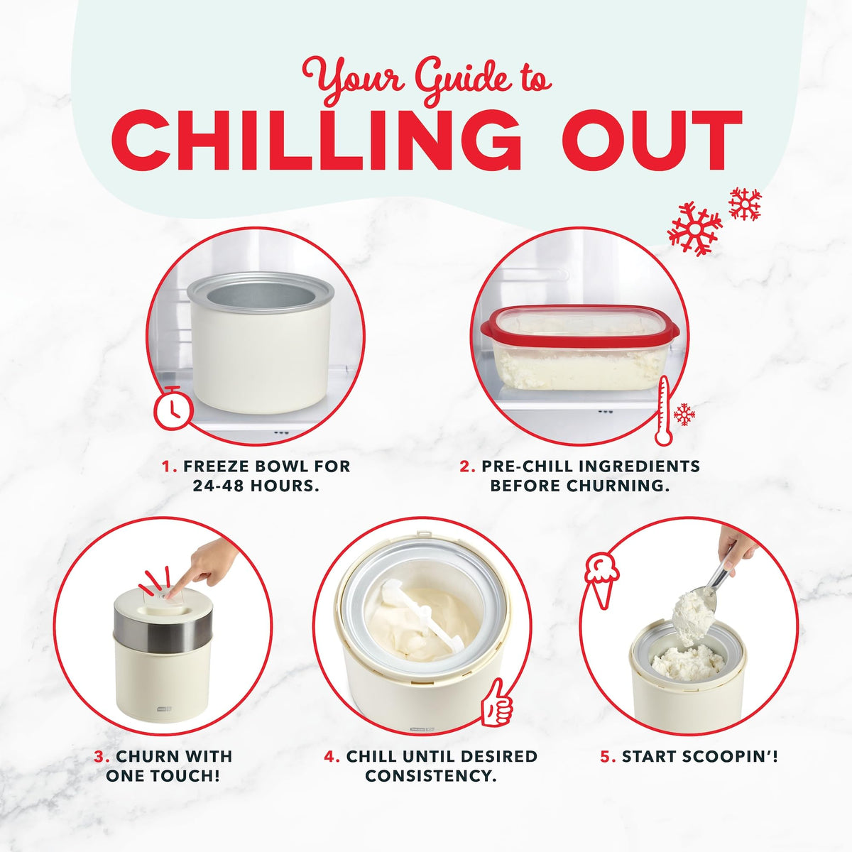 Dash Deluxe freeze bowl delivering fast, even freezing for smooth ice cream.