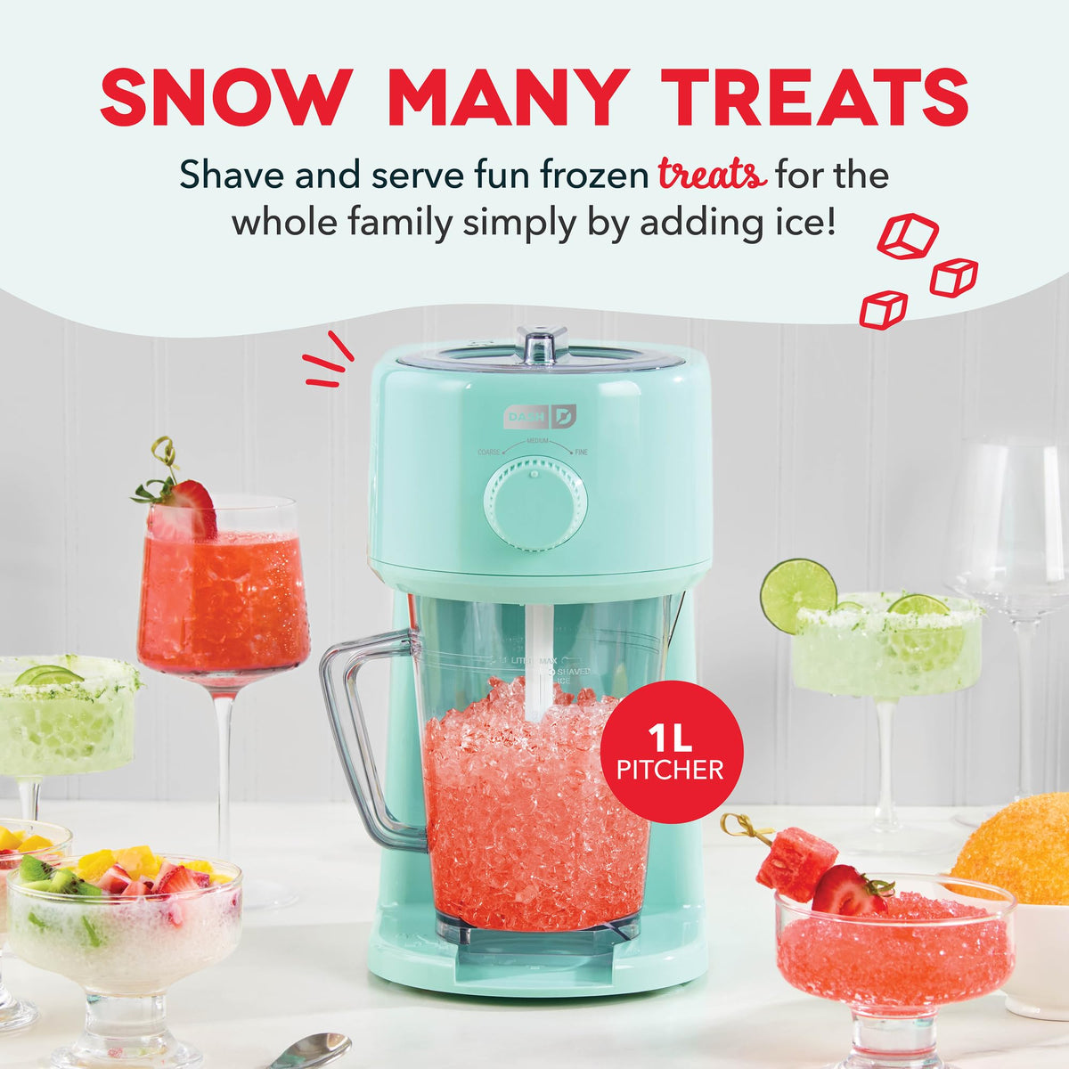 Dash Deluxe Slushy Maker pouring into a glass for a cold beverage