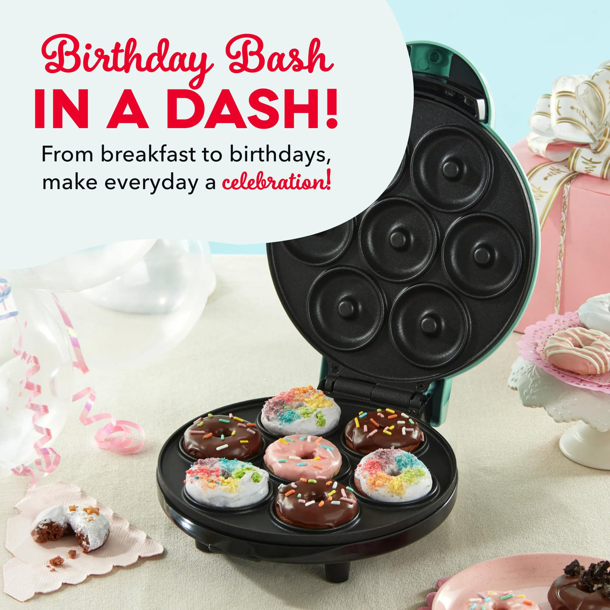 DASH dorm-kitchen friendly donut maker fits small living spaces.