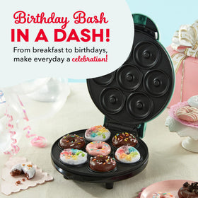 DASH dorm-kitchen friendly donut maker fits small living spaces.