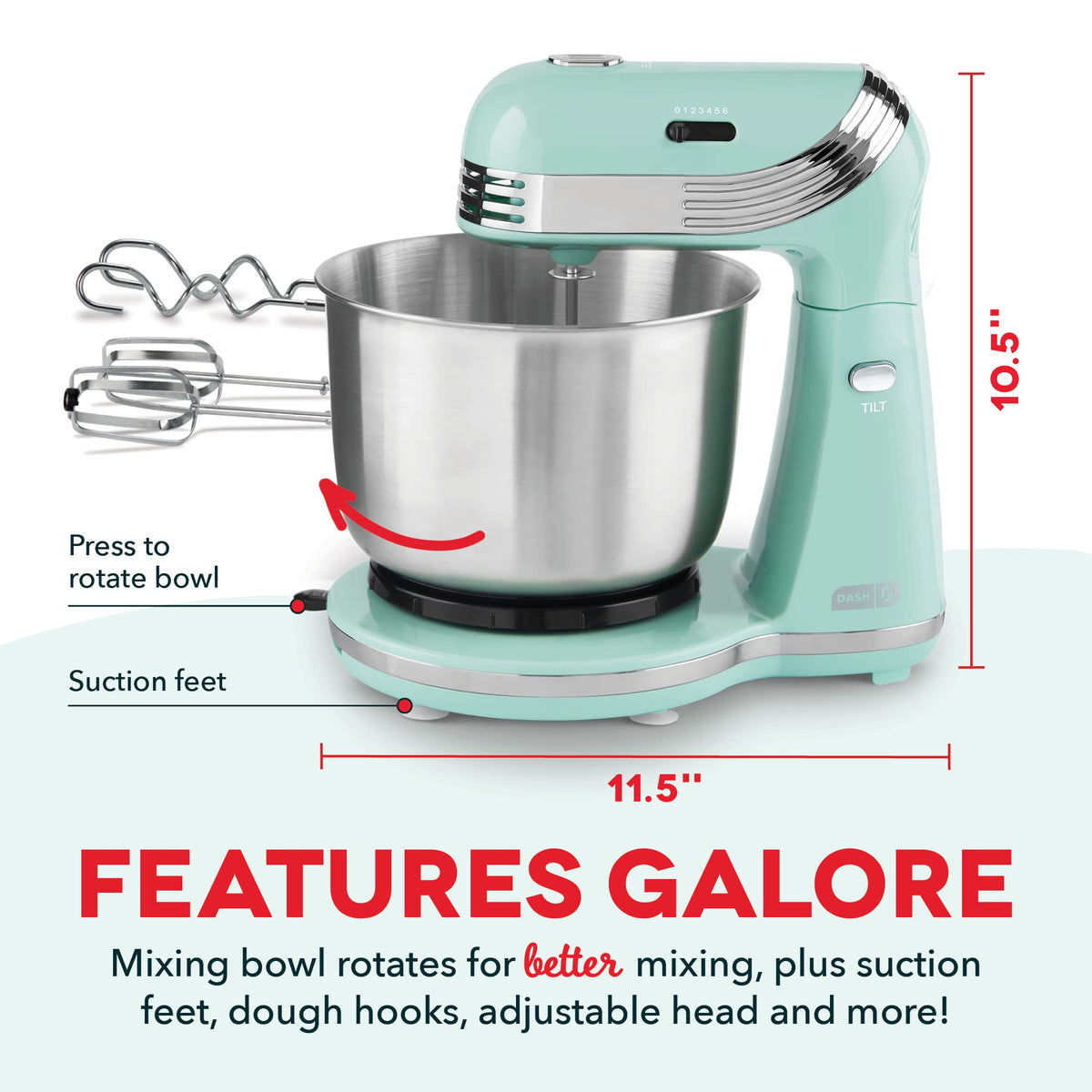 Dash Everyday Stand Mixer Aqua dishwasher-safe parts simplify cleanup.