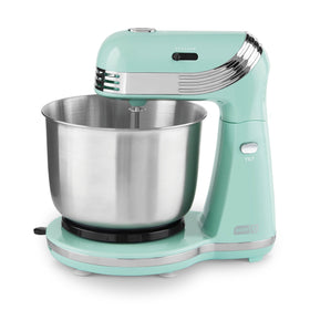 Dash Everyday Stand Mixer Aqua tilt-head for easy ingredient addition.