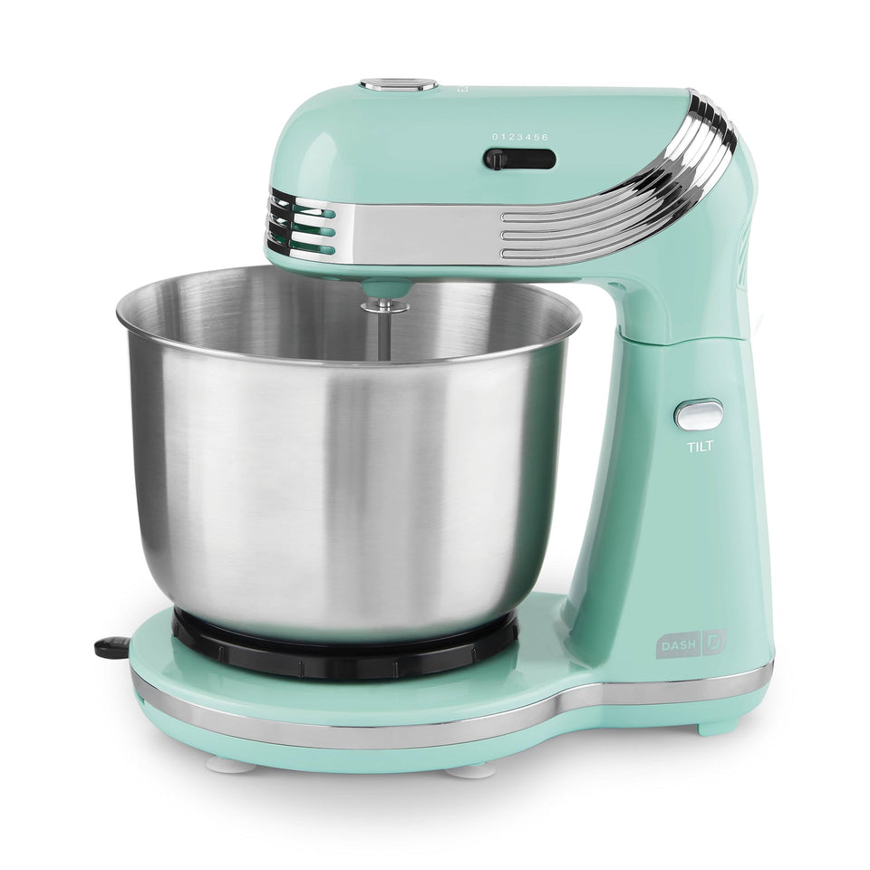 Dash Everyday Stand Mixer Aqua tilt-head for easy ingredient addition.