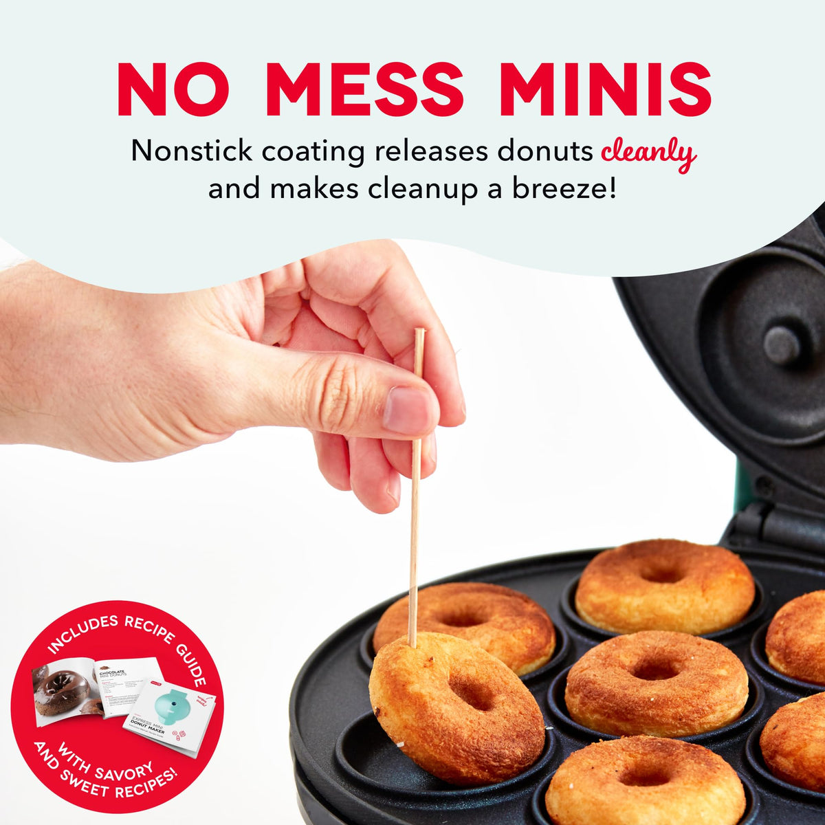 DASH Express Mini Donut Maker produces evenly baked, fluffy donuts.