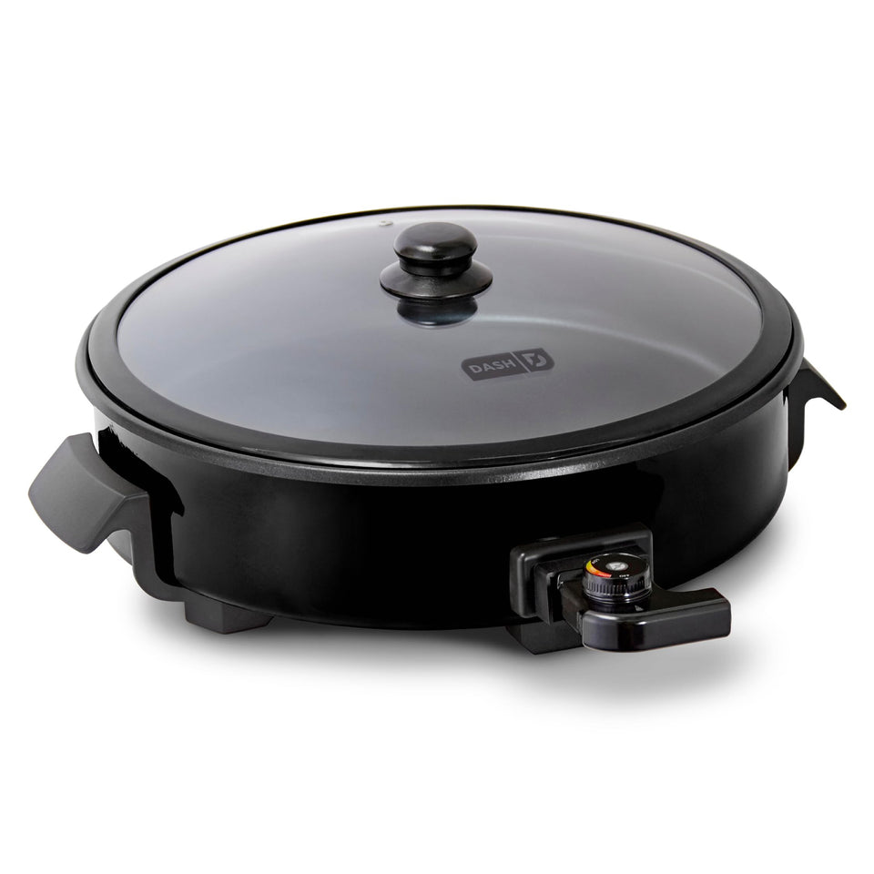DASH Family Size Skillet shows 6-quart capacity for family-style cooking.