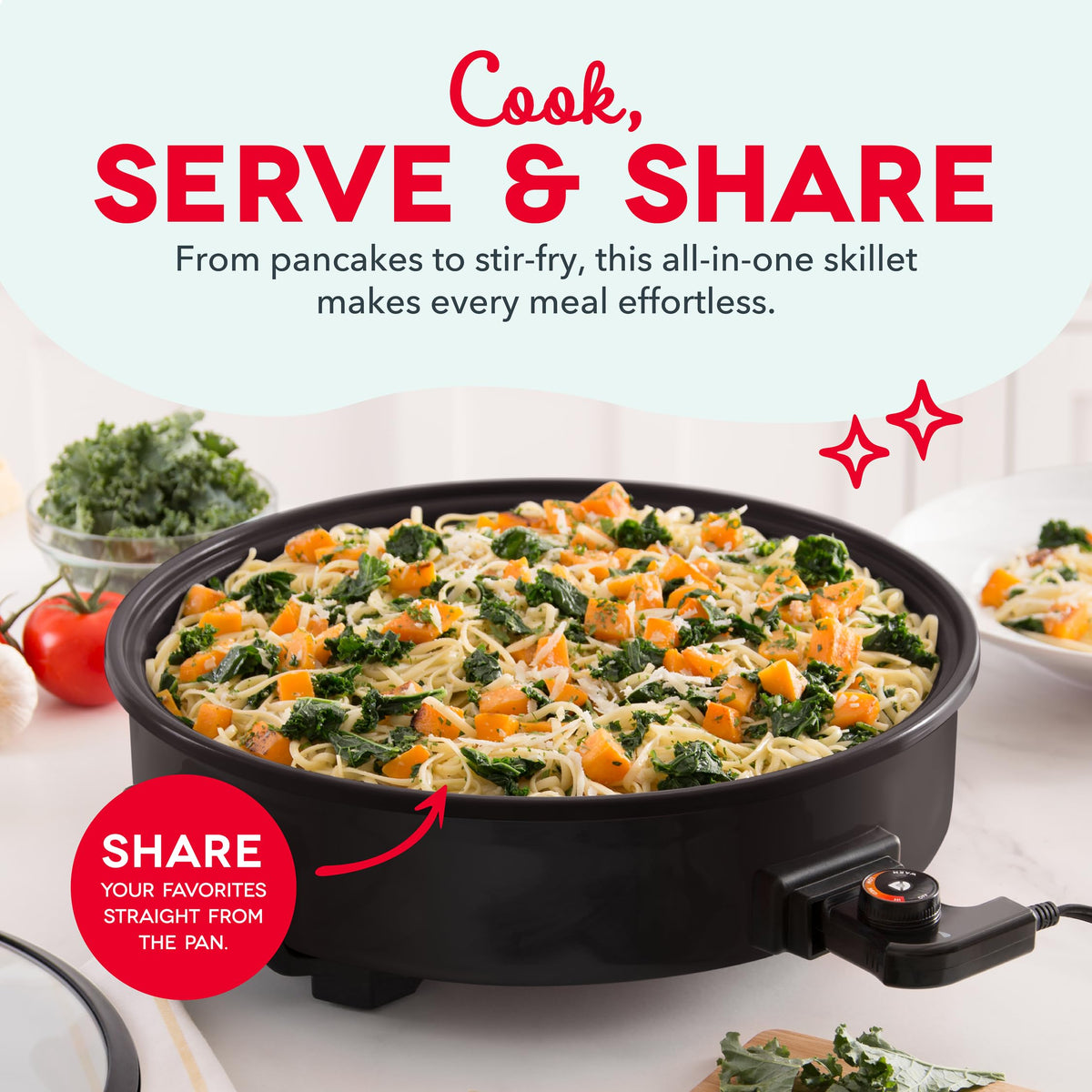 DASH skillet nonstick surface allows quick cleanup after pancakes or stir-fry.