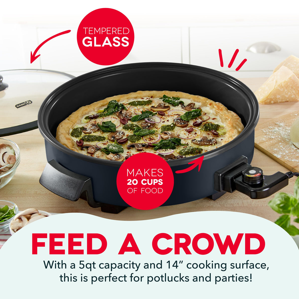 DASH skillet with tempered glass lid watches progress while sealing moisture.