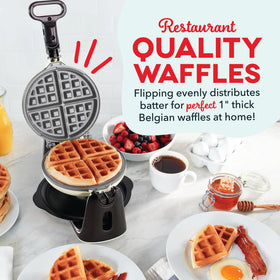 Dash Flip Belgian Waffle Maker rotates for even cooking and golden edges.