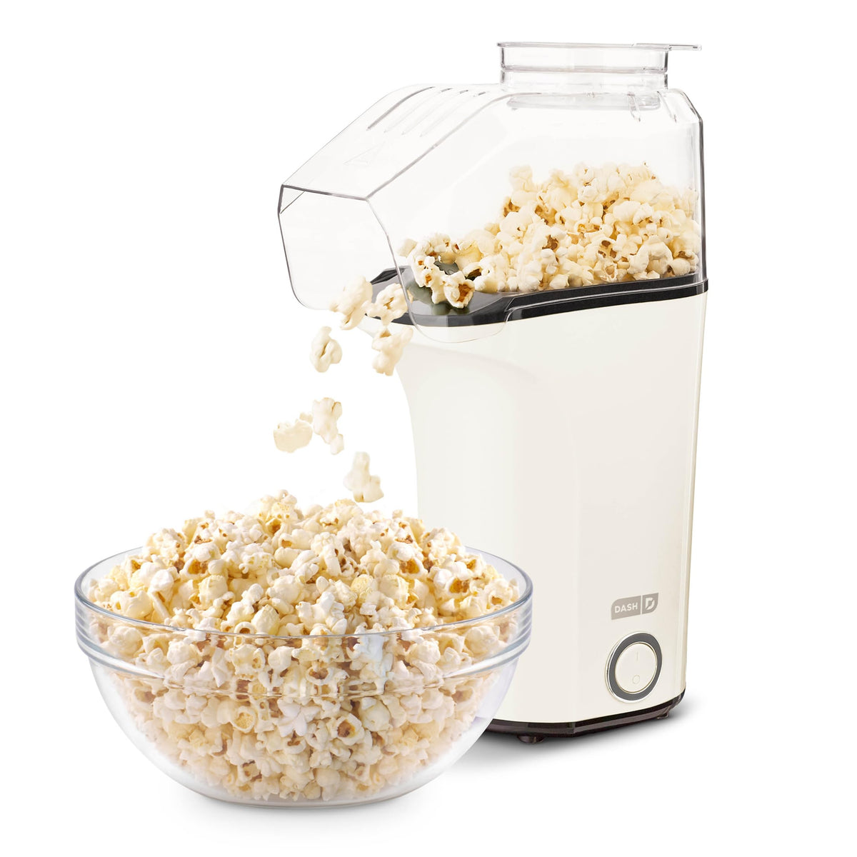 DASH Fresh Pop Popcorn Maker front view highlighting oil-free popcorn for healthier snacking at home.