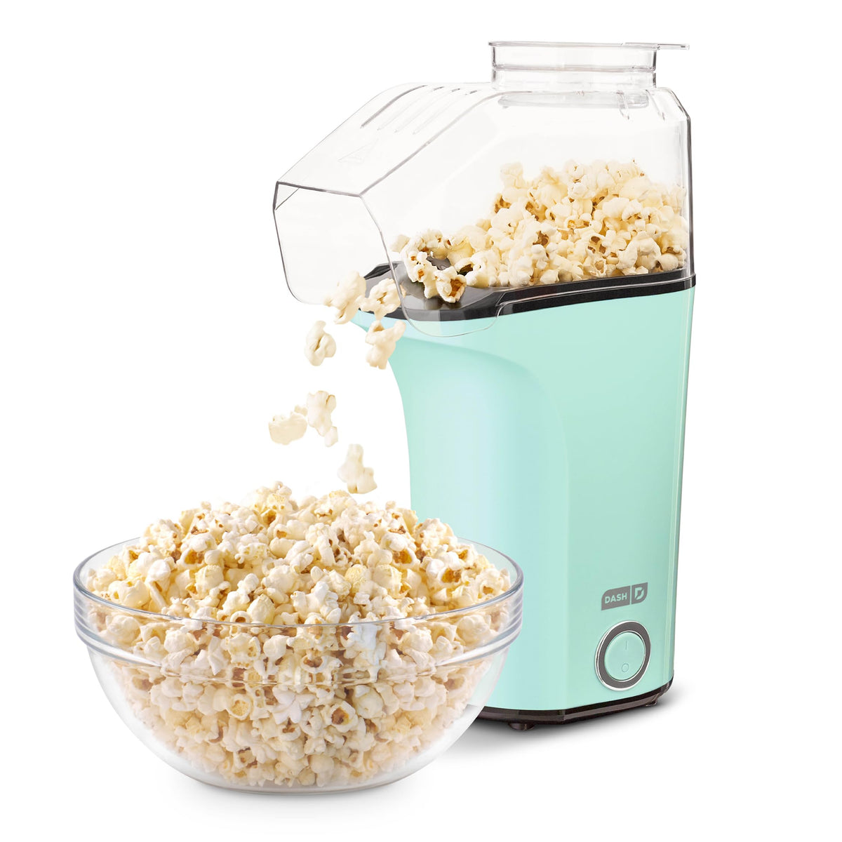 DASH Fresh Pop popcorn maker front view showing compact countertop design and accessible controls